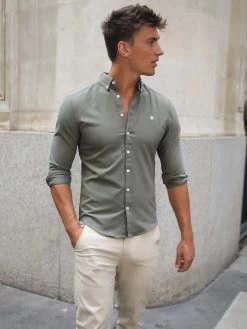 Merrick Fitted Stretch Shirt - Khaki Green 16 Merrick Fitted Stretch Shirt - Khaki Green -Trend Wear Sales 1192Merrick New01