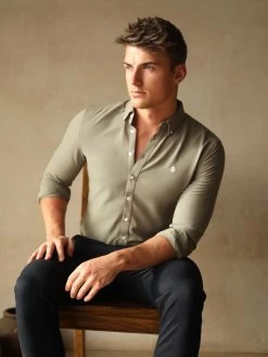 Merrick Fitted Stretch Shirt - Khaki Green 12 Merrick Fitted Stretch Shirt - Khaki Green -Trend Wear Sales Frame49